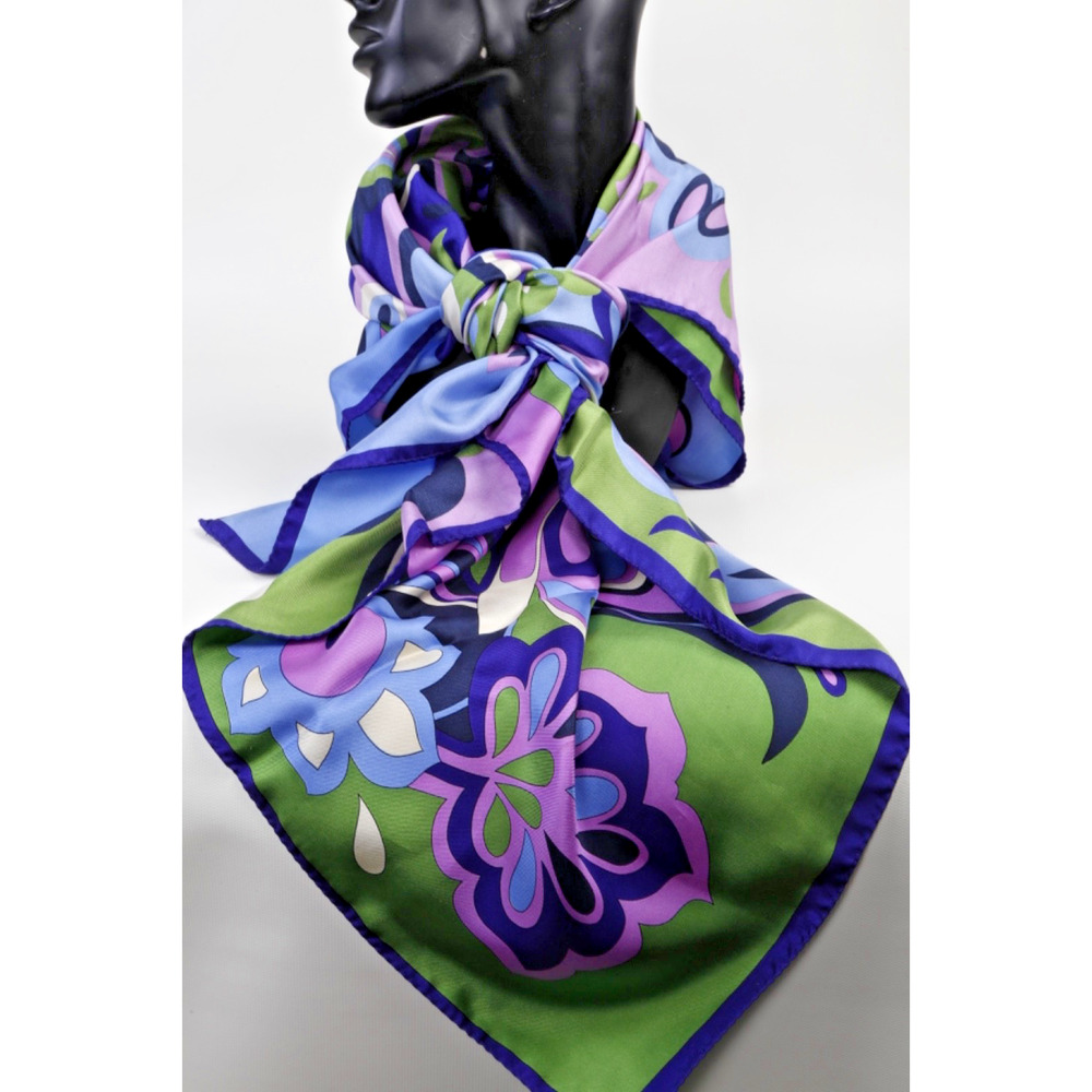 Vintage Echo Silk Scarf Large 34x34 Square Blue Green Purple Floral Mod BOHO
